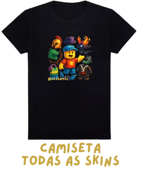 Camiseta gamer do LexGam3s com todas as skins em pixel art
